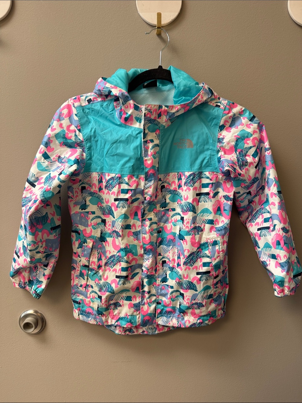 The North Face Pink & Blue Printed Hooded Raincoat - Size 6